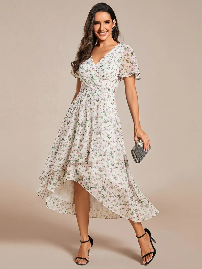 ever LARK|Robe invitée mariage mi-longue plissée en mousseline de soie - Manches à volants & Col en V
