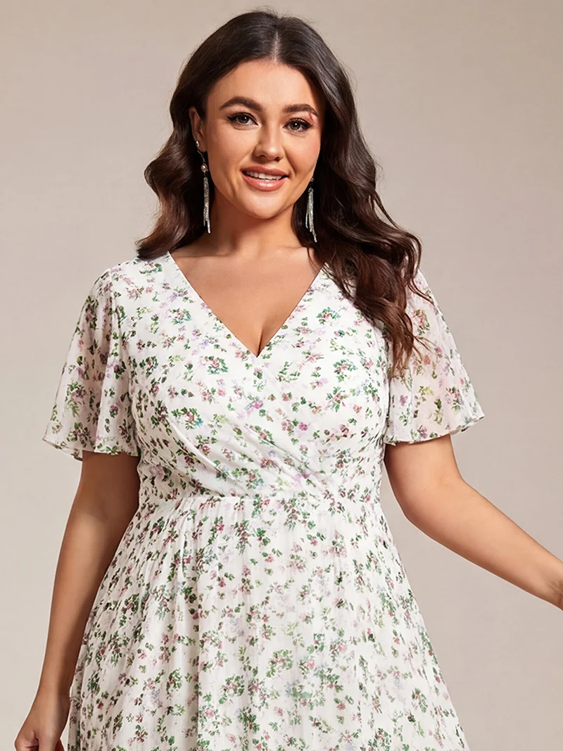 ever LARK|Robe invitée mariage mi-longue plissée en mousseline de soie - Manches à volants & Col en V