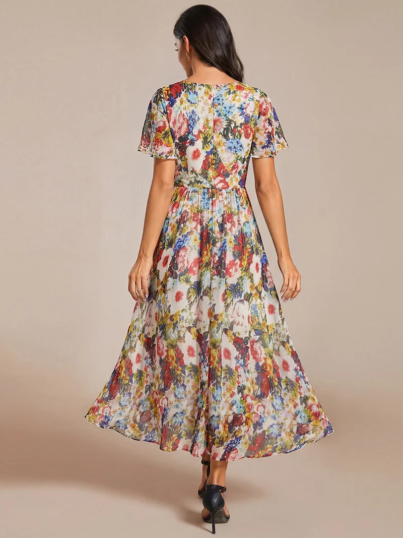 ever LARK|Robe invitée mariage mi-longue plissée en mousseline de soie - Manches à volants & Col en V
