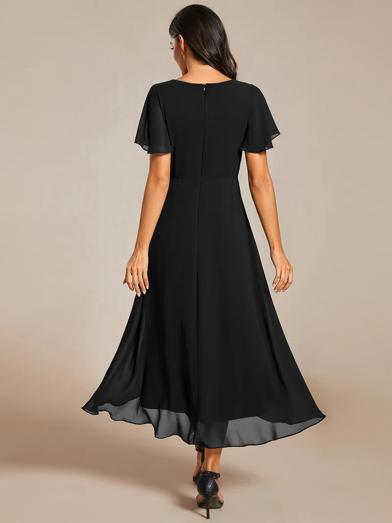 ever LARK|Robe invitée mariage mi-longue plissée en mousseline de soie - Manches à volants & Col en V