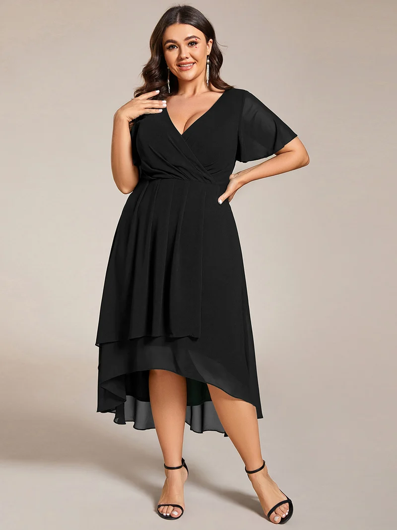 ever LARK|Robe invitée mariage mi-longue plissée en mousseline de soie - Manches à volants & Col en V