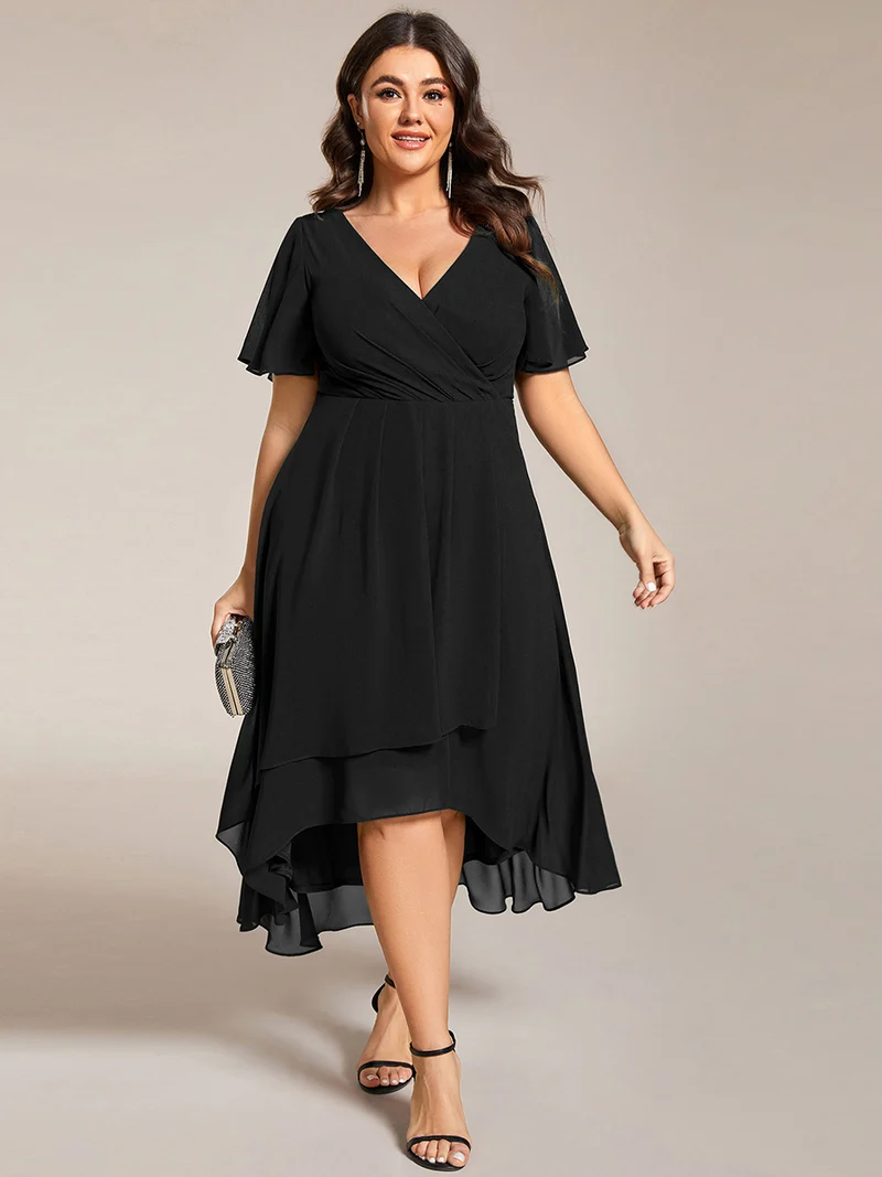 ever LARK|Robe invitée mariage mi-longue plissée en mousseline de soie - Manches à volants & Col en V