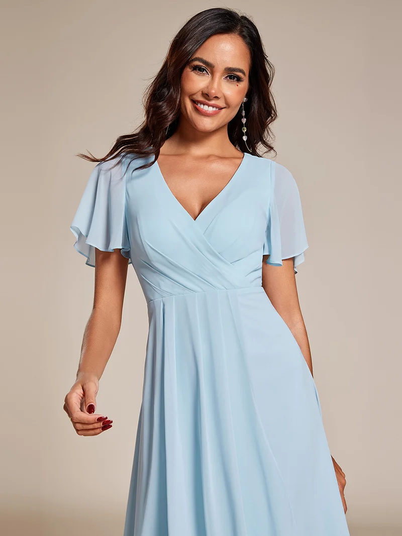 ever LARK|Robe invitée mariage mi-longue plissée en mousseline de soie - Manches à volants & Col en V