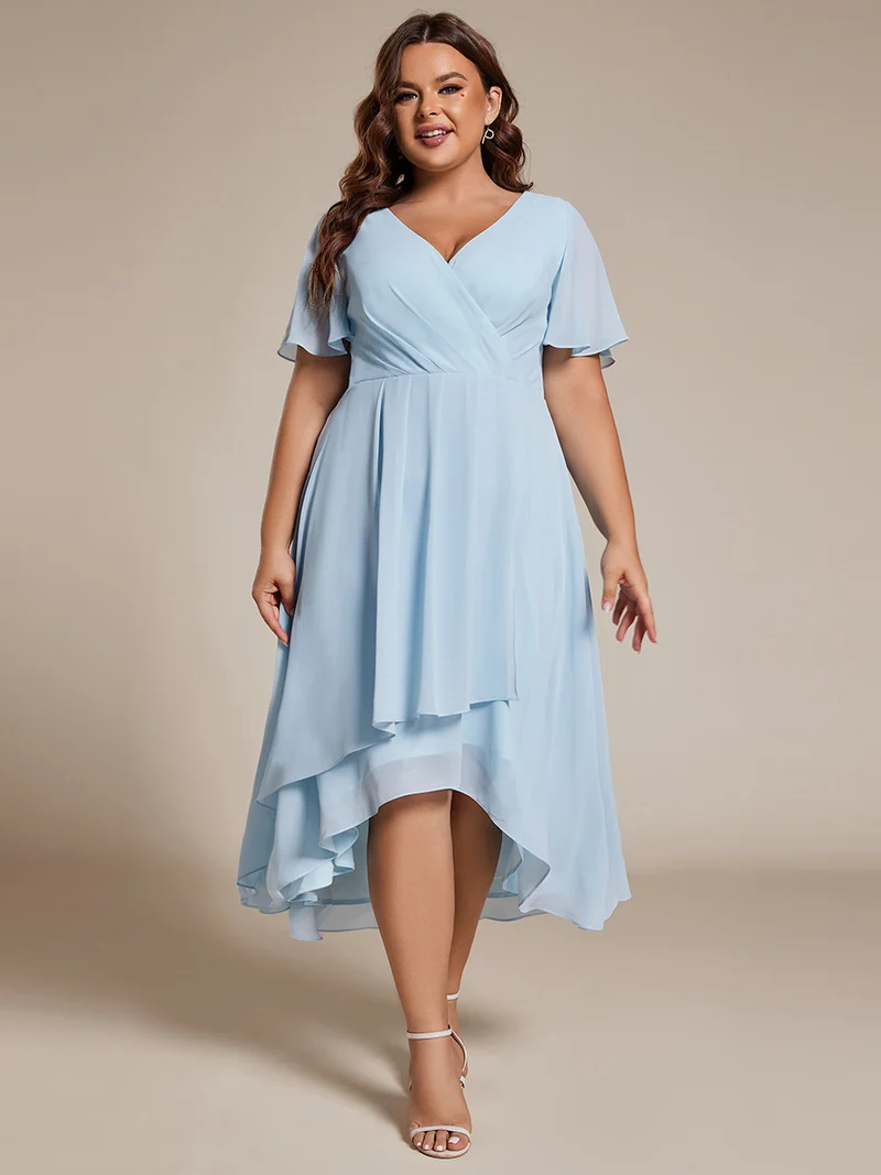 ever LARK|Robe invitée mariage mi-longue plissée en mousseline de soie - Manches à volants & Col en V