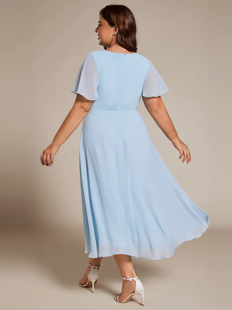 ever LARK|Robe invitée mariage mi-longue plissée en mousseline de soie - Manches à volants & Col en V