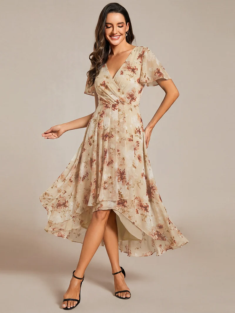 ever LARK|Robe invitée mariage mi-longue plissée en mousseline de soie - Manches à volants & Col en V