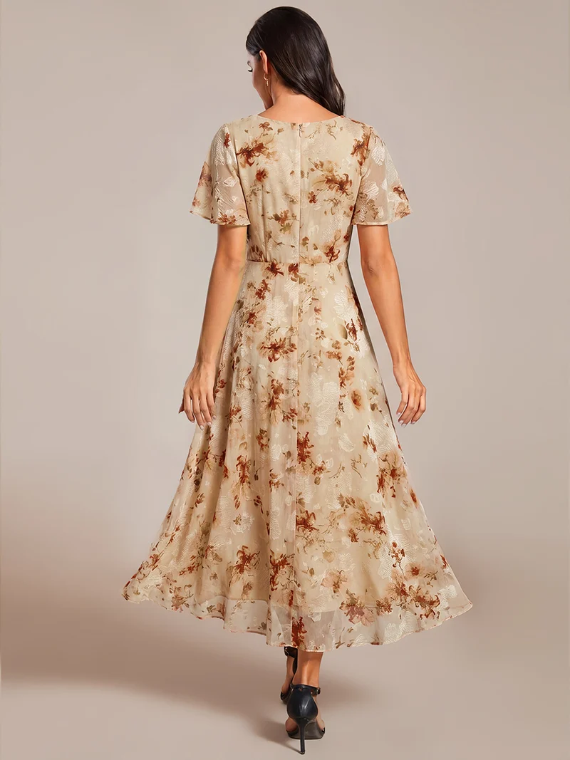 ever LARK|Robe invitée mariage mi-longue plissée en mousseline de soie - Manches à volants & Col en V