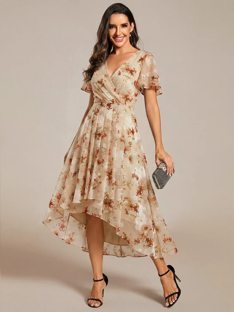 ever LARK|Robe invitée mariage mi-longue plissée en mousseline de soie - Manches à volants & Col en V