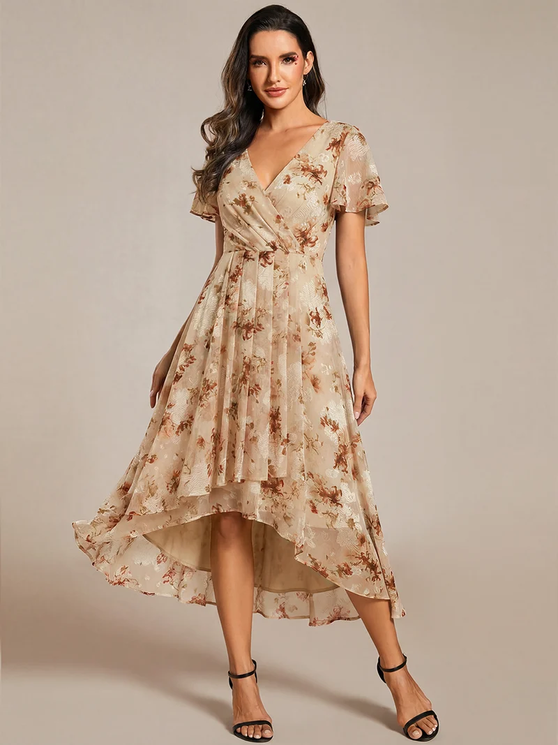 ever LARK|Robe invitée mariage mi-longue plissée en mousseline de soie - Manches à volants & Col en V