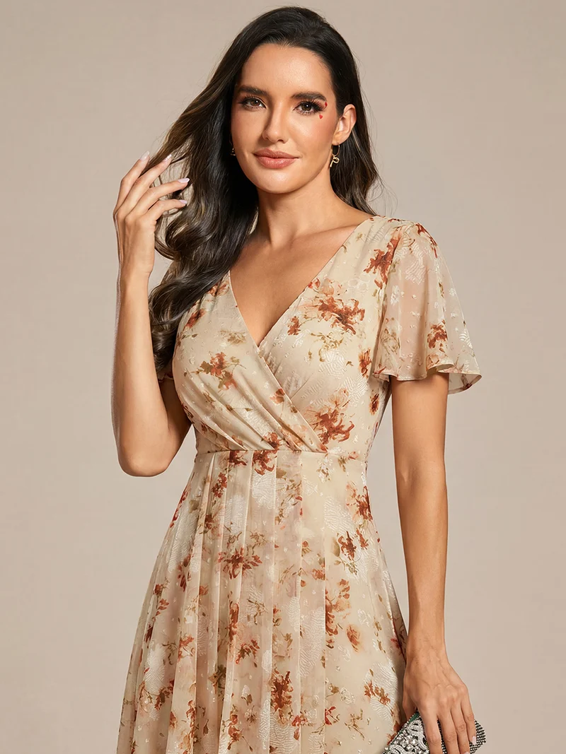 ever LARK|Robe invitée mariage mi-longue plissée en mousseline de soie - Manches à volants & Col en V