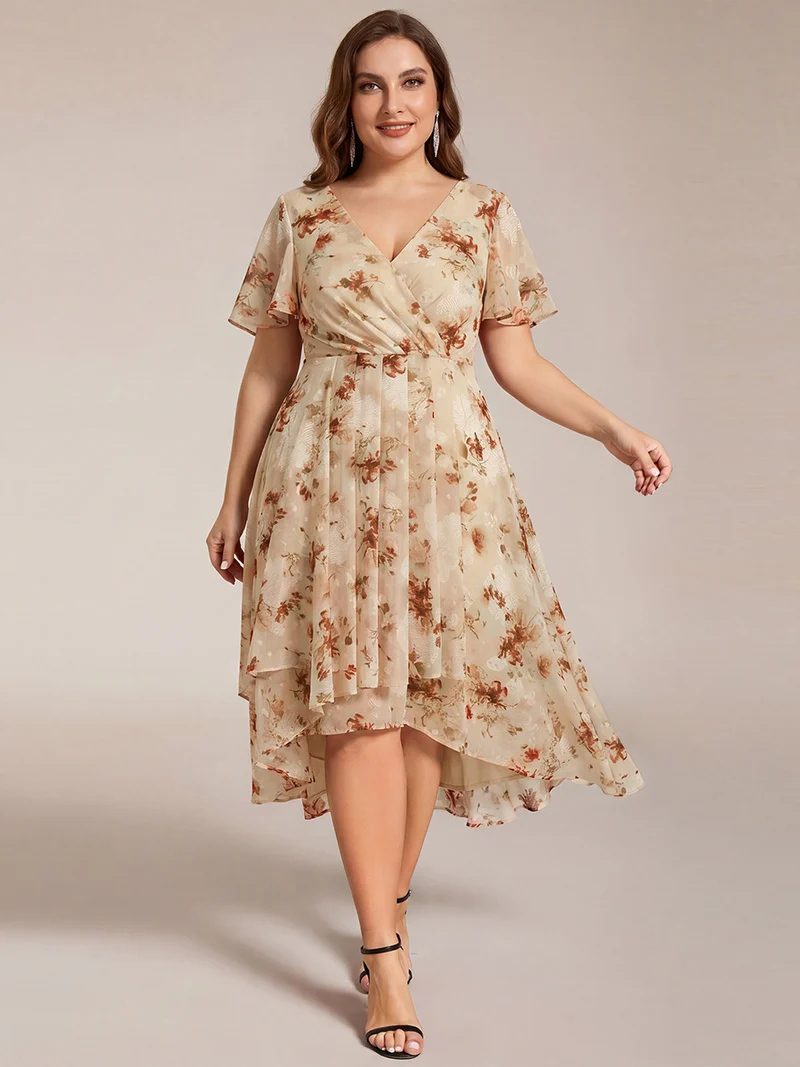 ever LARK|Robe invitée mariage mi-longue plissée en mousseline de soie - Manches à volants & Col en V