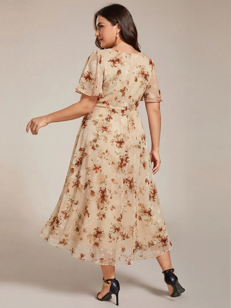ever LARK|Robe invitée mariage mi-longue plissée en mousseline de soie - Manches à volants & Col en V