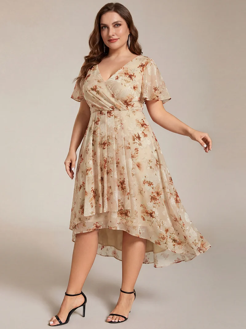 ever LARK|Robe invitée mariage mi-longue plissée en mousseline de soie - Manches à volants & Col en V