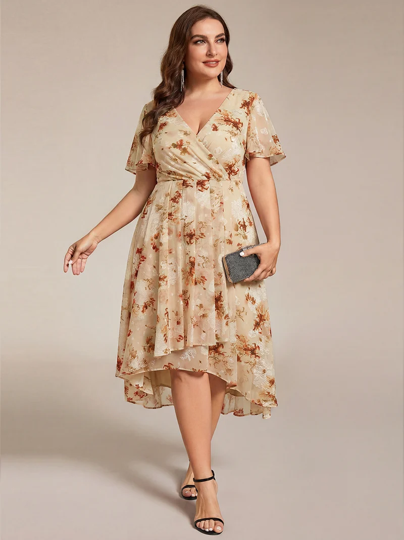 ever LARK|Robe invitée mariage mi-longue plissée en mousseline de soie - Manches à volants & Col en V