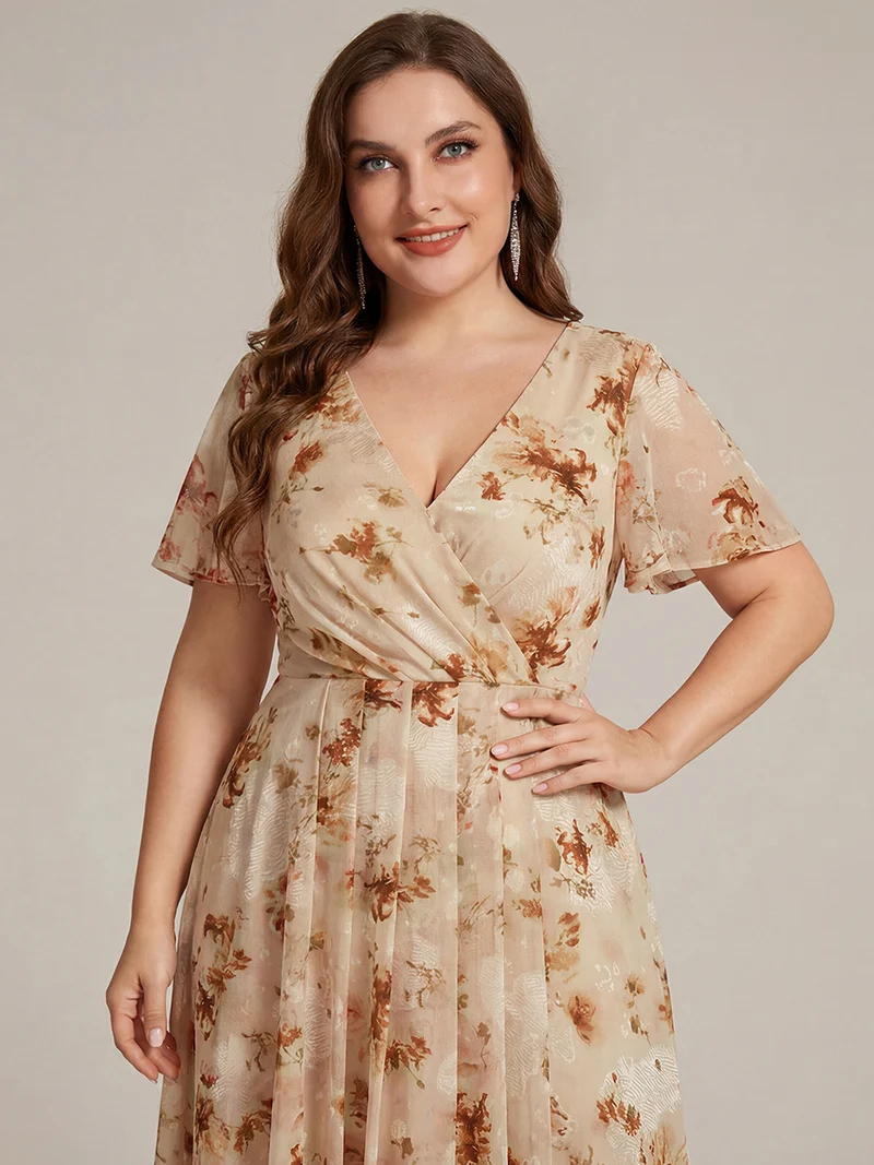 ever LARK|Robe invitée mariage mi-longue plissée en mousseline de soie - Manches à volants & Col en V