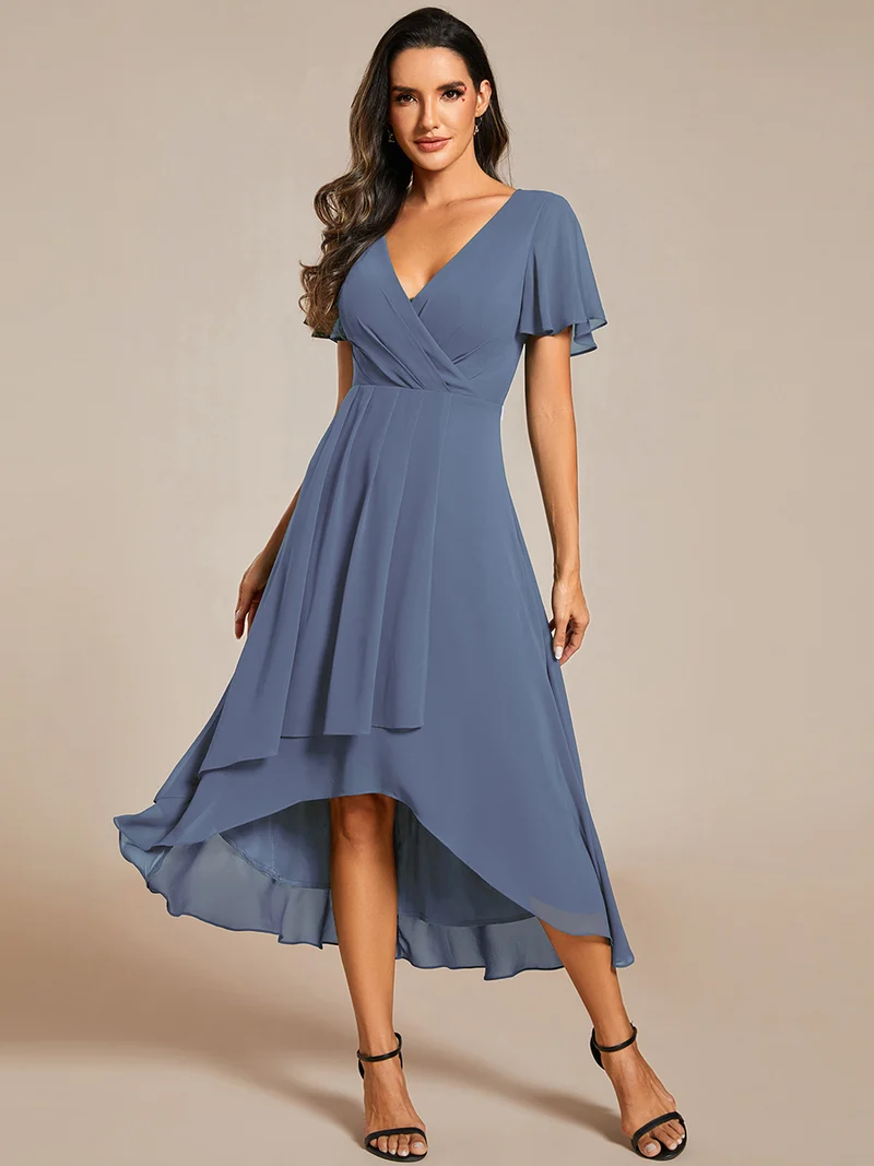 ever LARK|Robe invitée mariage mi-longue plissée en mousseline de soie - Manches à volants & Col en V