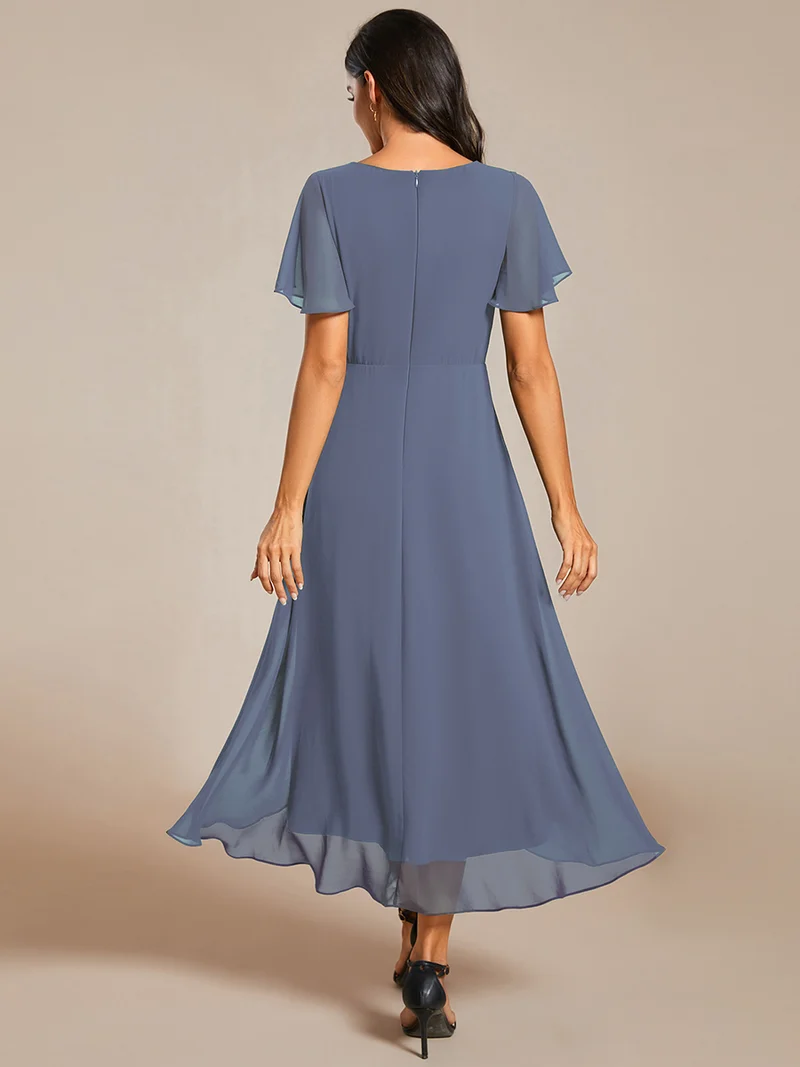 ever LARK|Robe invitée mariage mi-longue plissée en mousseline de soie - Manches à volants & Col en V