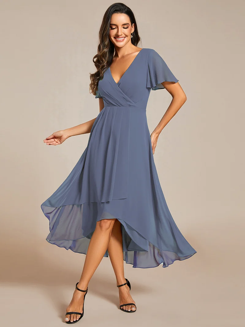ever LARK|Robe invitée mariage mi-longue plissée en mousseline de soie - Manches à volants & Col en V