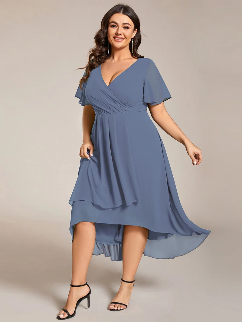 ever LARK|Robe invitée mariage mi-longue plissée en mousseline de soie - Manches à volants & Col en V