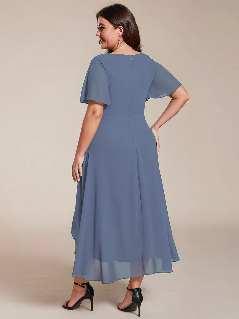 ever LARK|Robe invitée mariage mi-longue plissée en mousseline de soie - Manches à volants & Col en V