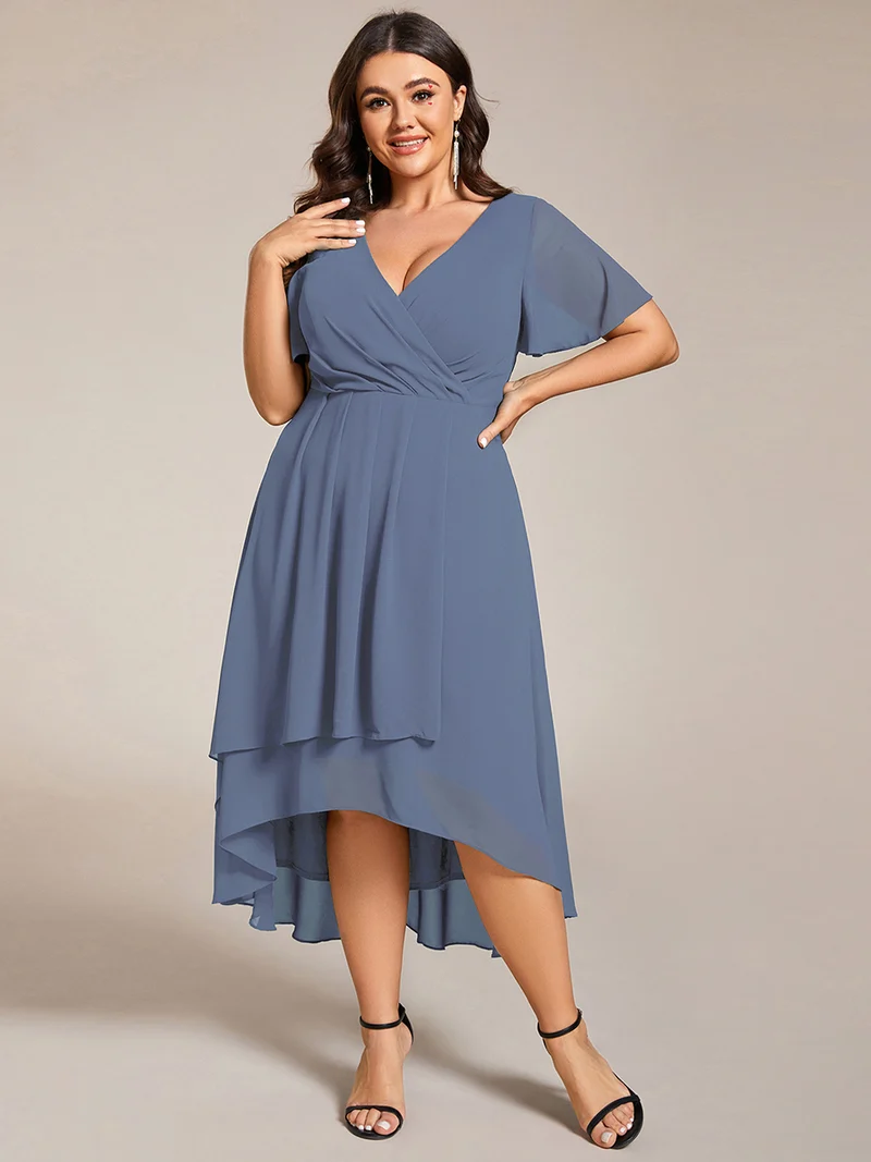 ever LARK|Robe invitée mariage mi-longue plissée en mousseline de soie - Manches à volants & Col en V