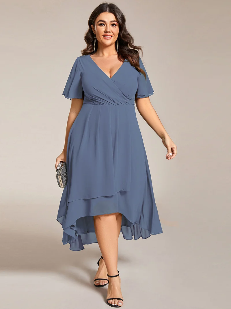 ever LARK|Robe invitée mariage mi-longue plissée en mousseline de soie - Manches à volants & Col en V