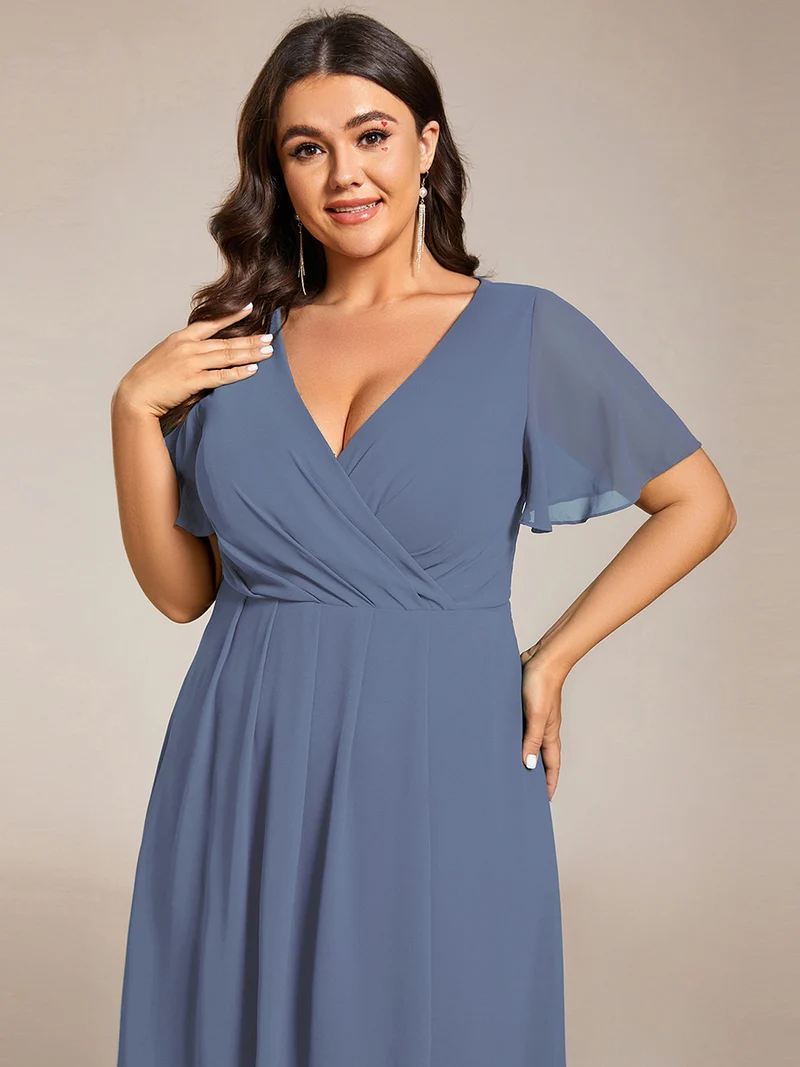 ever LARK|Robe invitée mariage mi-longue plissée en mousseline de soie - Manches à volants & Col en V