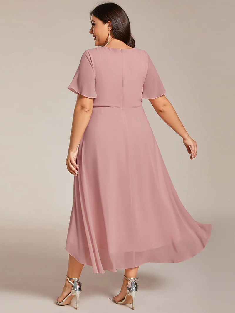 ever LARK|Robe invitée mariage mi-longue plissée en mousseline de soie - Manches à volants & Col en V