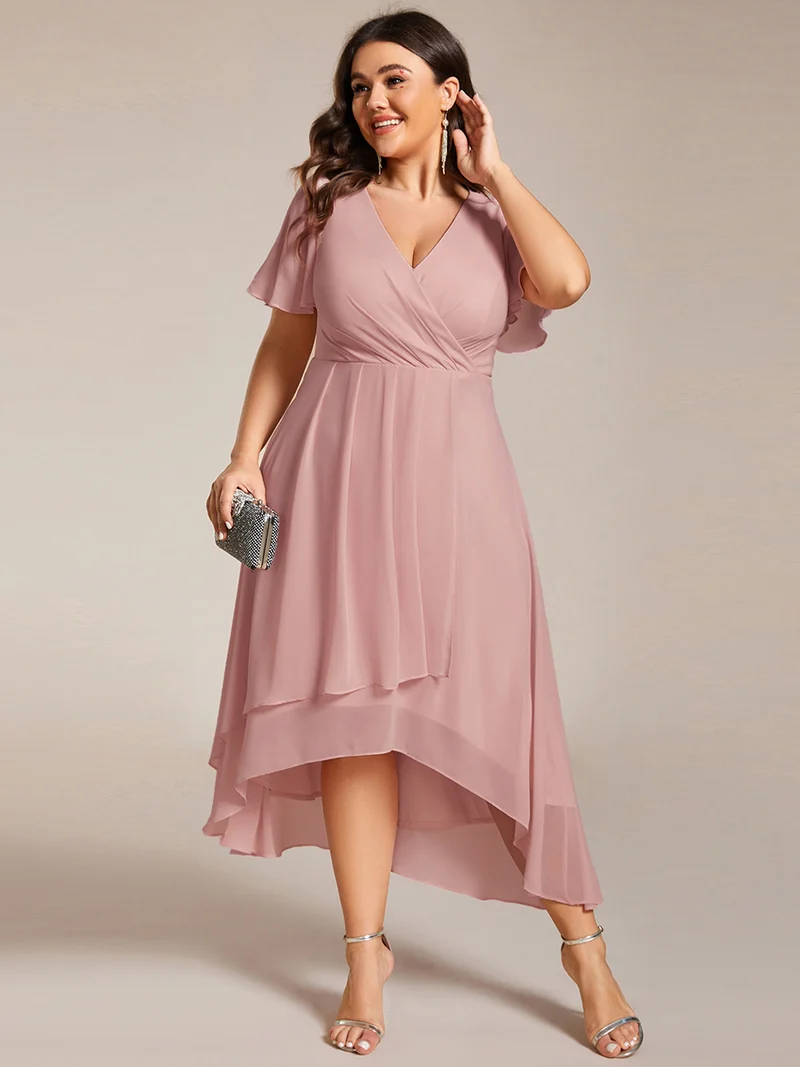 ever LARK|Robe invitée mariage mi-longue plissée en mousseline de soie - Manches à volants & Col en V