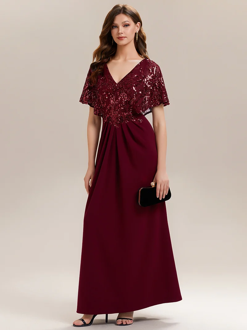 ever KIRA|Robe de soirée formelle à col en V avec manches cape et détails en sequins