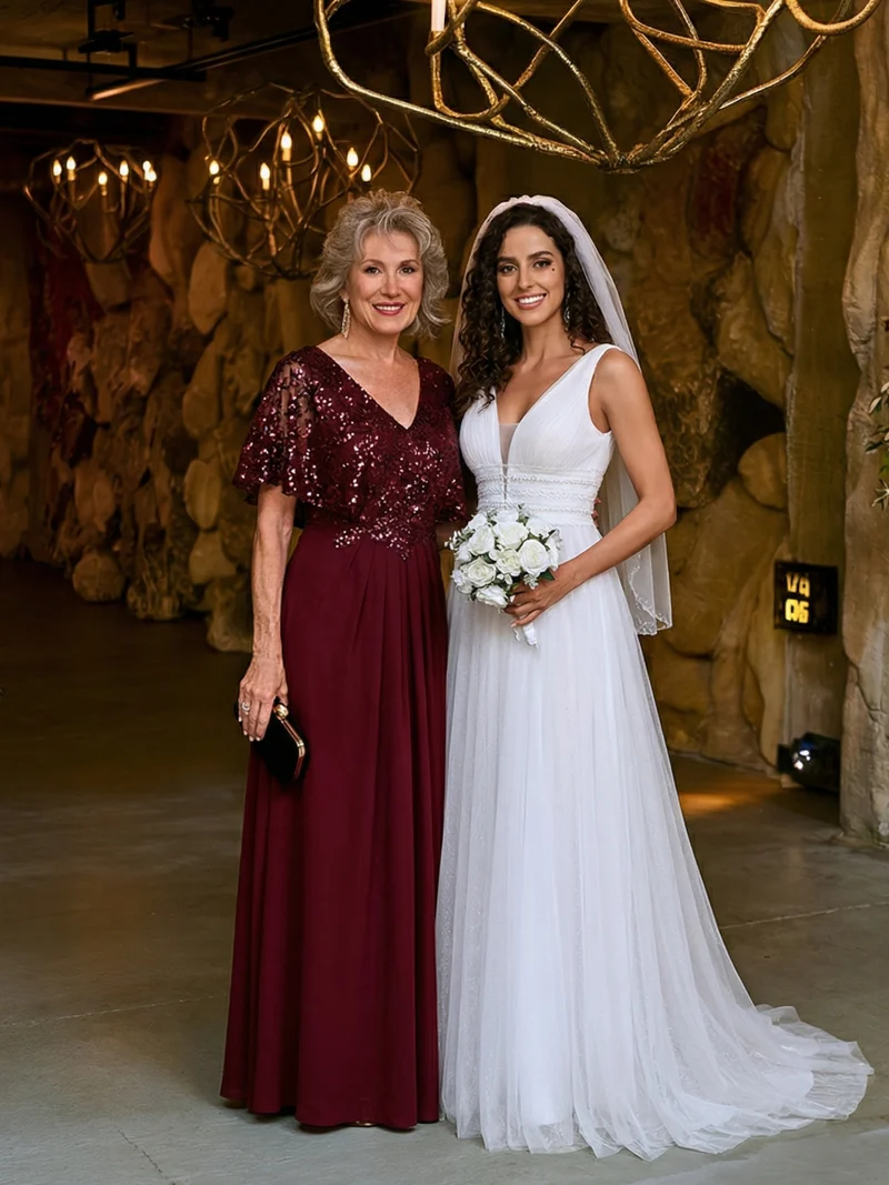 ever KIRA|Robe de soirée formelle à col en V avec manches cape et détails en sequins