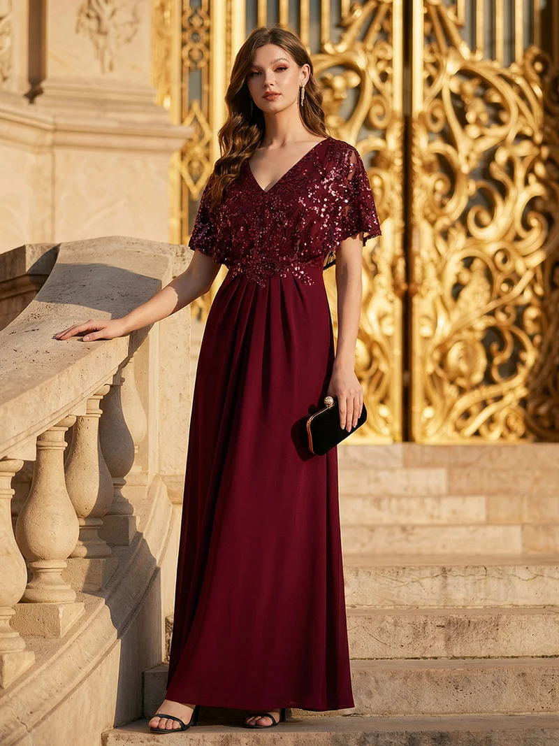 ever KIRA|Robe de soirée formelle à col en V avec manches cape et détails en sequins