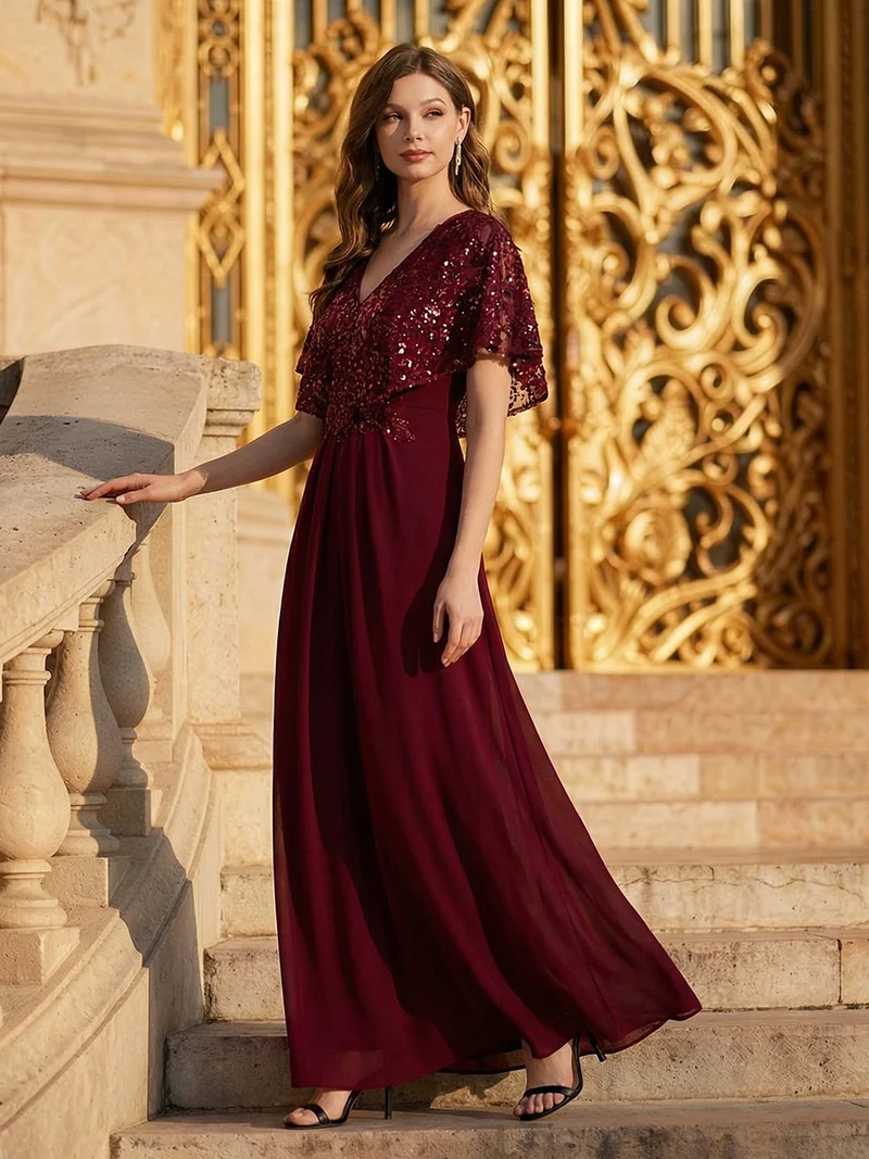 ever KIRA|Robe de soirée formelle à col en V avec manches cape et détails en sequins