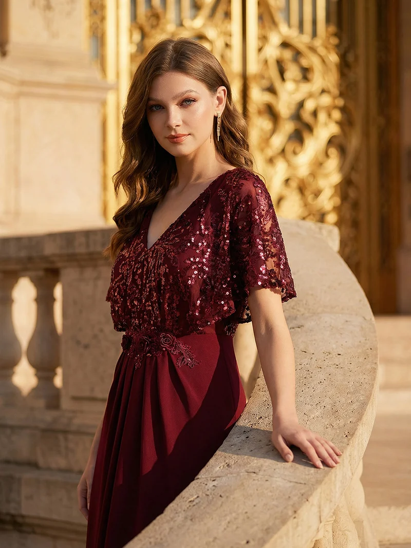 ever KIRA|Robe de soirée formelle à col en V avec manches cape et détails en sequins