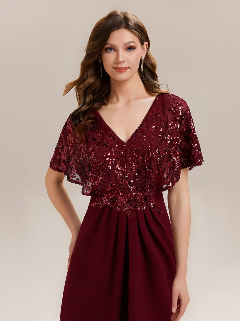 ever KIRA|Robe de soirée formelle à col en V avec manches cape et détails en sequins