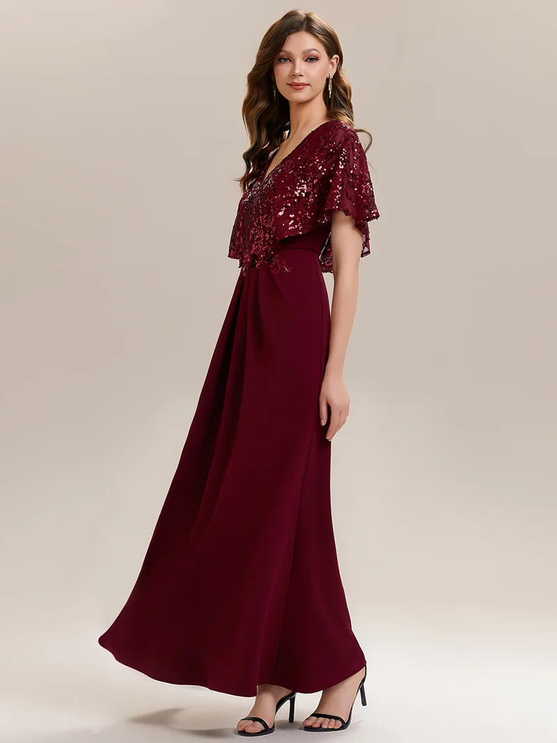 ever KIRA|Robe de soirée formelle à col en V avec manches cape et détails en sequins