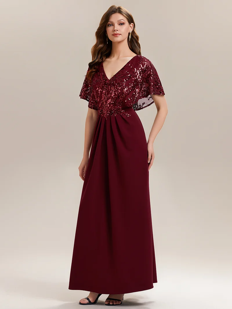 ever KIRA|Robe de soirée formelle à col en V avec manches cape et détails en sequins
