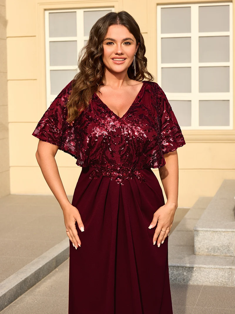 ever KIRA|Robe de soirée formelle à col en V avec manches cape et détails en sequins