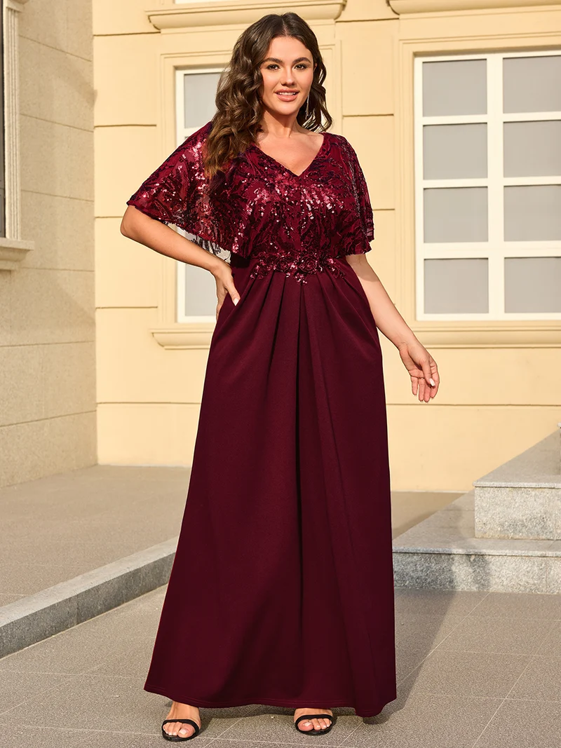 ever KIRA|Robe de soirée formelle à col en V avec manches cape et détails en sequins