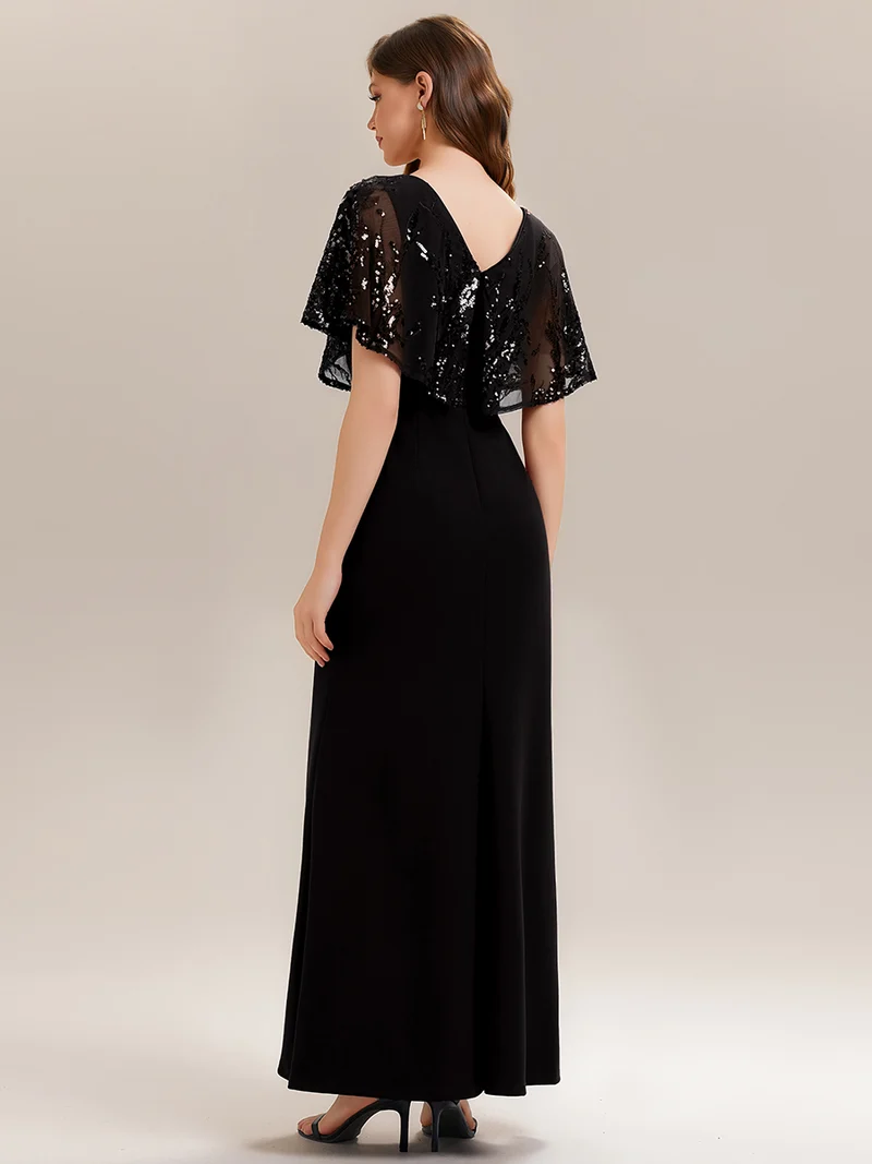 ever KIRA|Robe de soirée formelle à col en V avec manches cape et détails en sequins