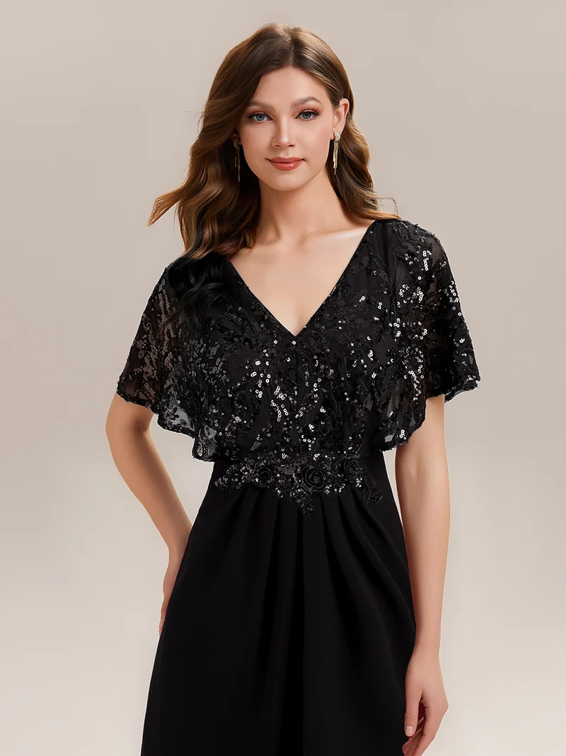 ever KIRA|Robe de soirée formelle à col en V avec manches cape et détails en sequins