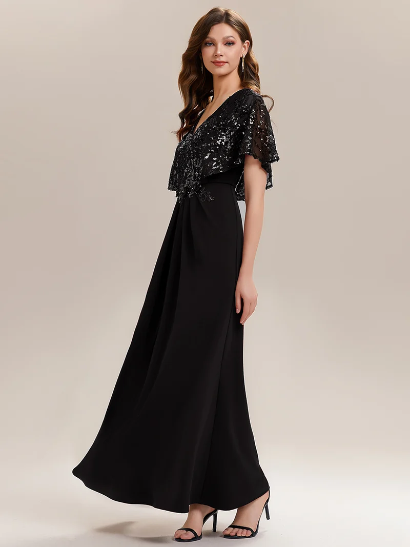 ever KIRA|Robe de soirée formelle à col en V avec manches cape et détails en sequins