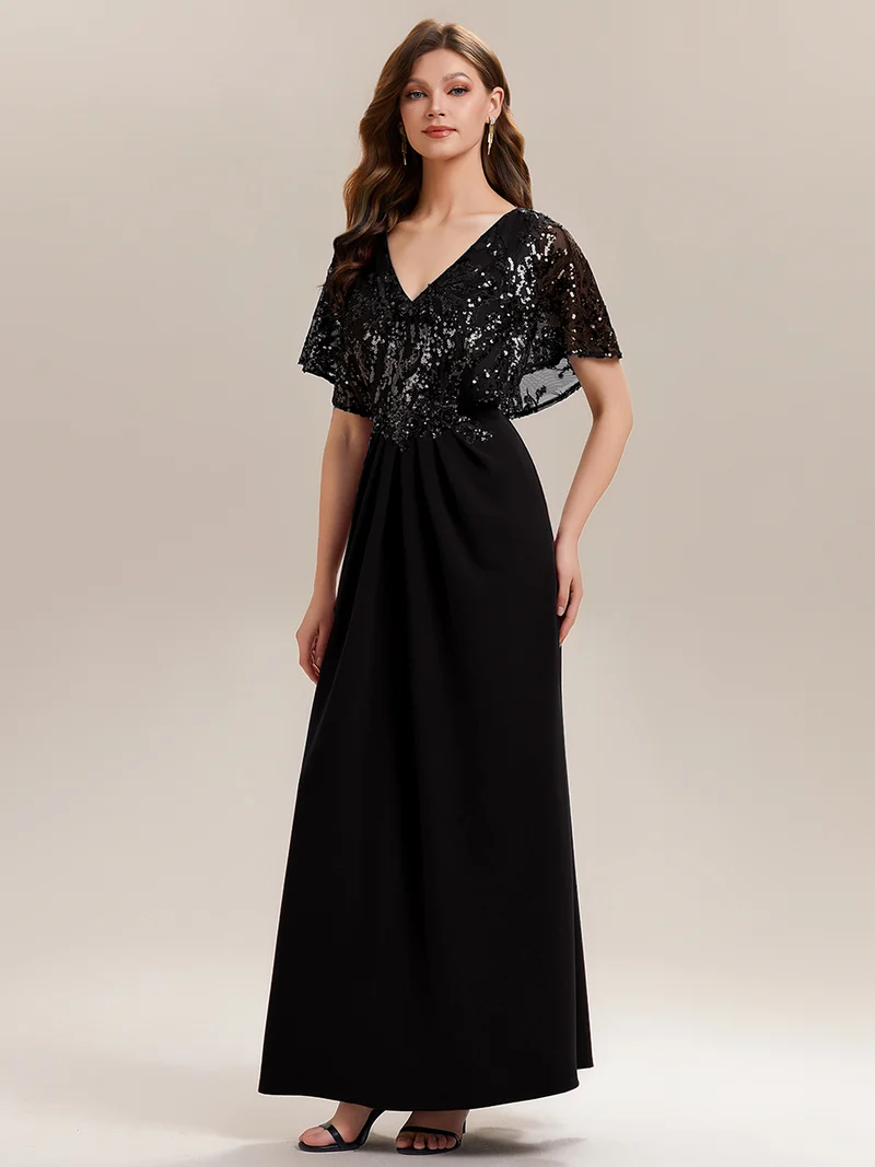 ever KIRA|Robe de soirée formelle à col en V avec manches cape et détails en sequins