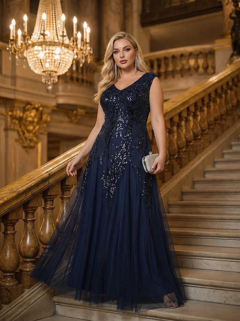 pretty FREYA|Robe Longue de Soirée Grande Taille Col V avec Broderies et Détails Brillants