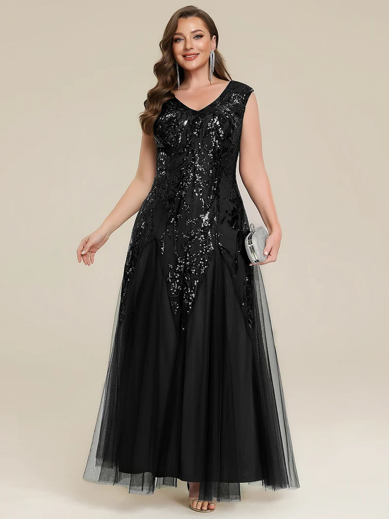 pretty FREYA|Robe Longue de Soirée Grande Taille Col V avec Broderies et Détails Brillants