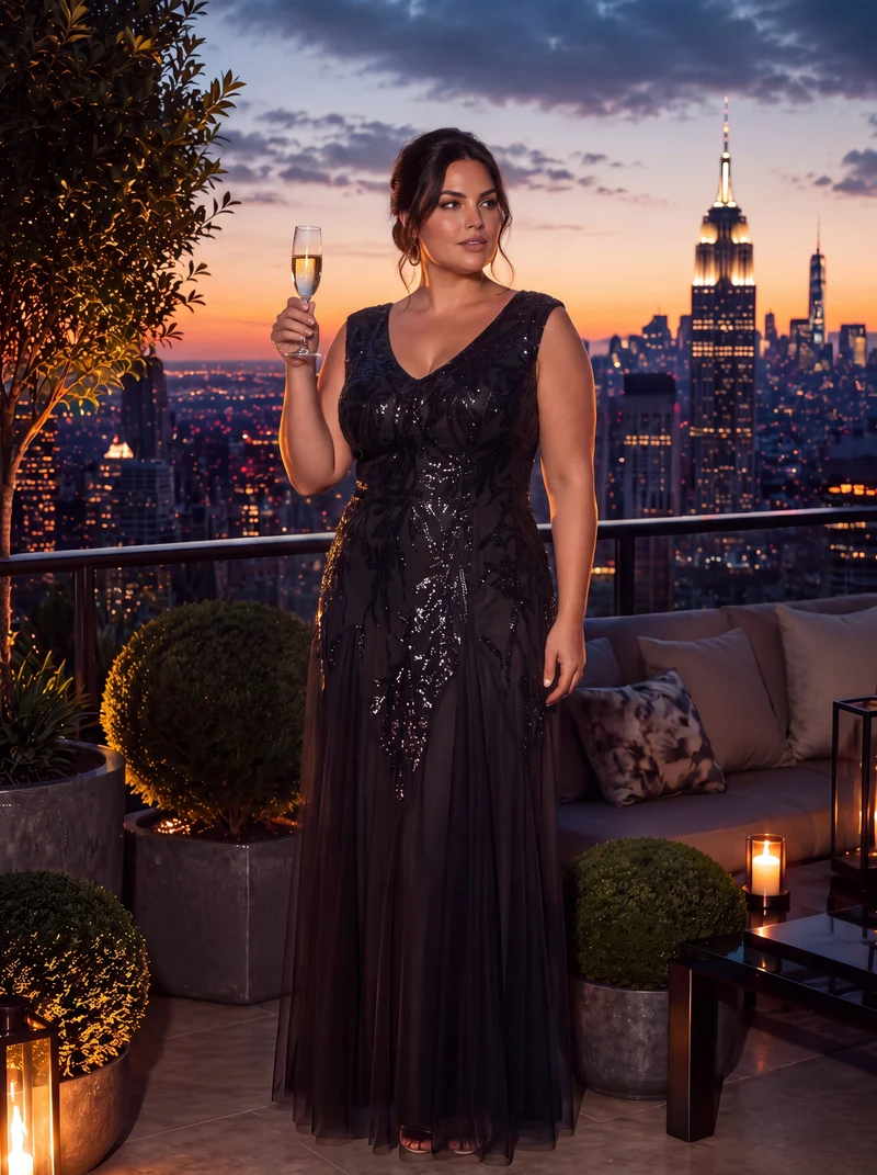 pretty FREYA|Robe Longue de Soirée Grande Taille Col V avec Broderies et Détails Brillants