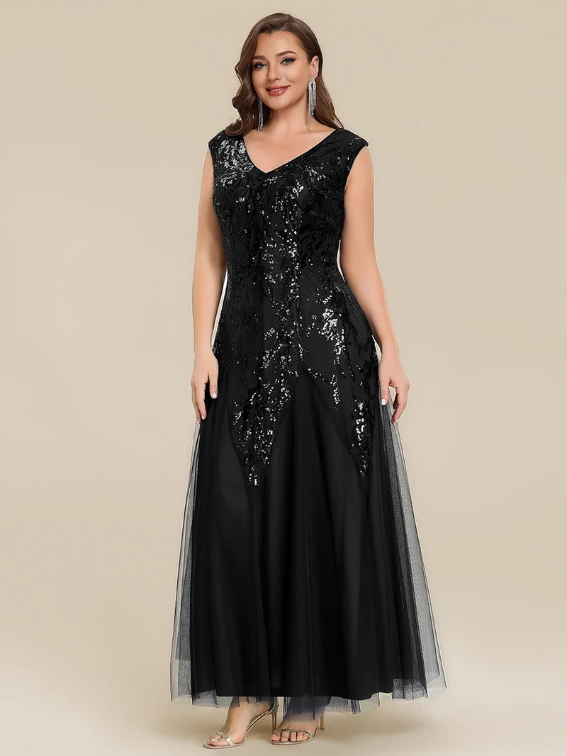 pretty FREYA|Robe Longue de Soirée Grande Taille Col V avec Broderies et Détails Brillants