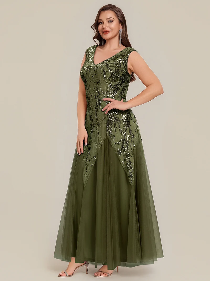 pretty FREYA|Robe Longue de Soirée Grande Taille Col V avec Broderies et Détails Brillants