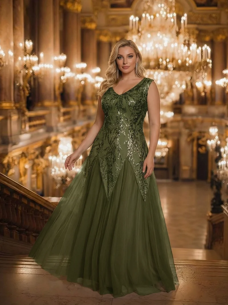 pretty FREYA|Robe Longue de Soirée Grande Taille Col V avec Broderies et Détails Brillants
