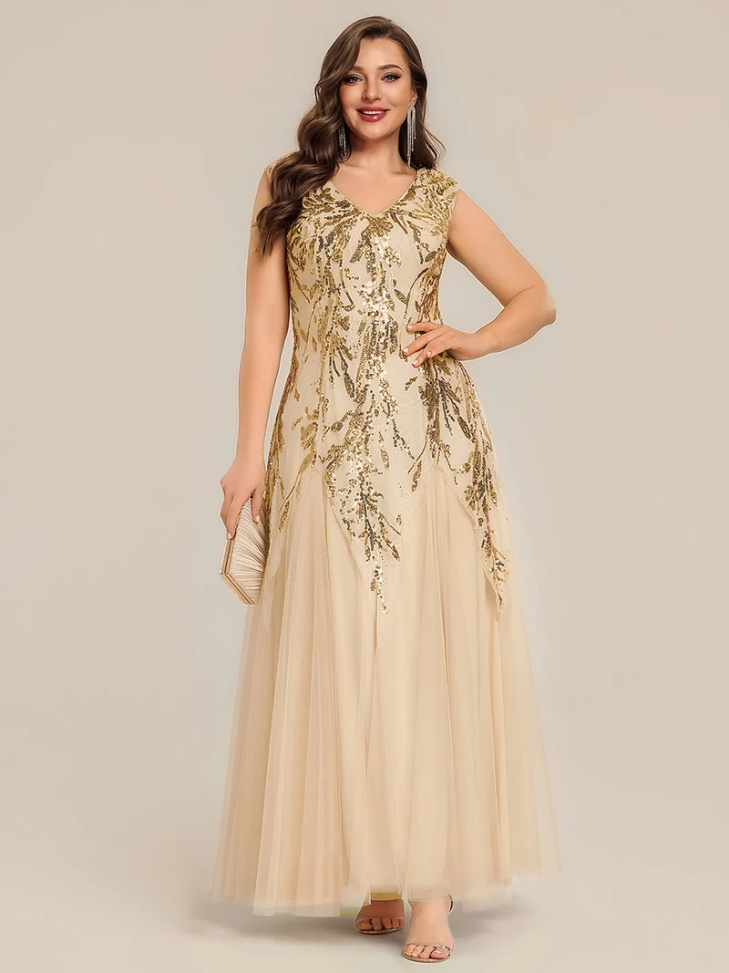 pretty FREYA|Robe Longue de Soirée Grande Taille Col V avec Broderies et Détails Brillants